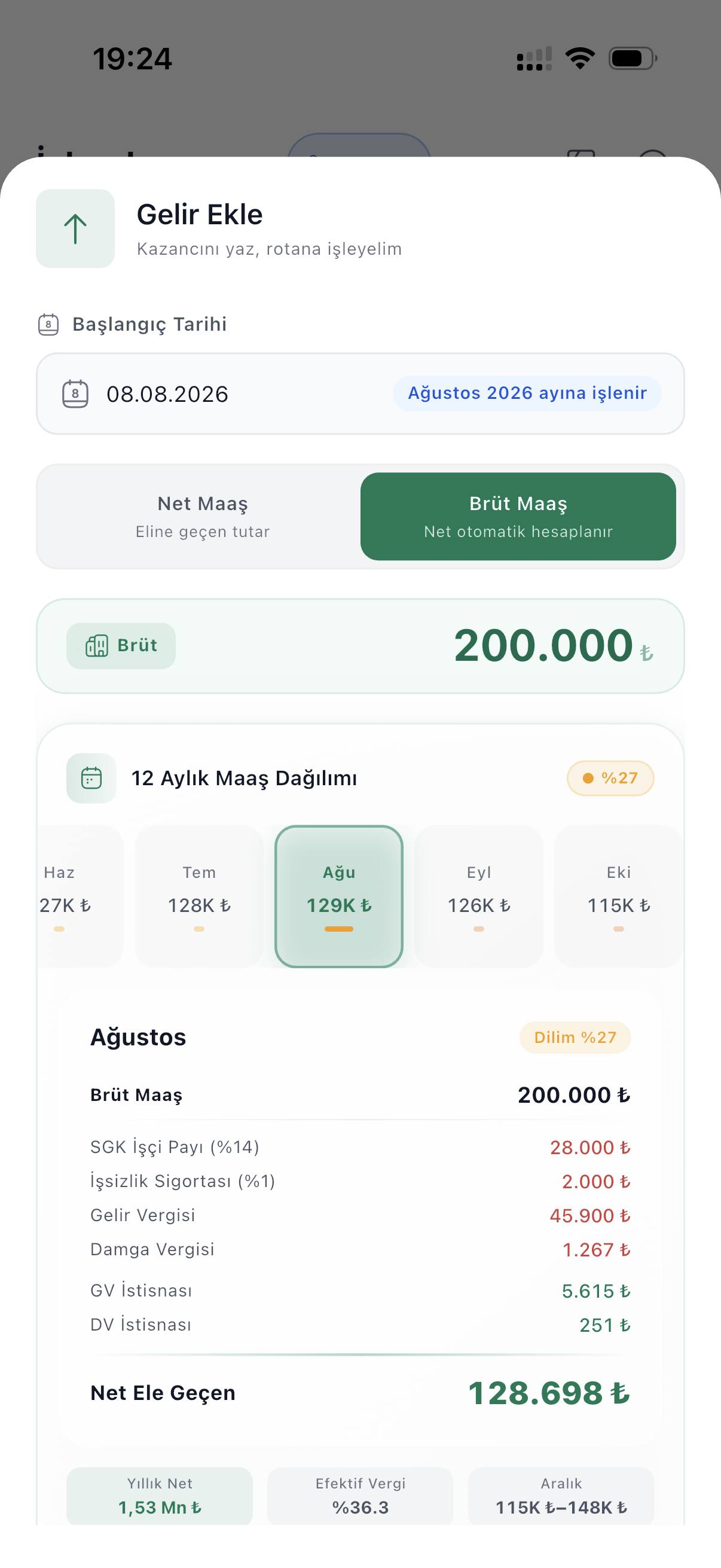 Gelir ekleme ekranı: 200.000 ₺ brüt maaş için 12 aylık dağılım ve Ağustos ayı net ele geçen tutarı.
