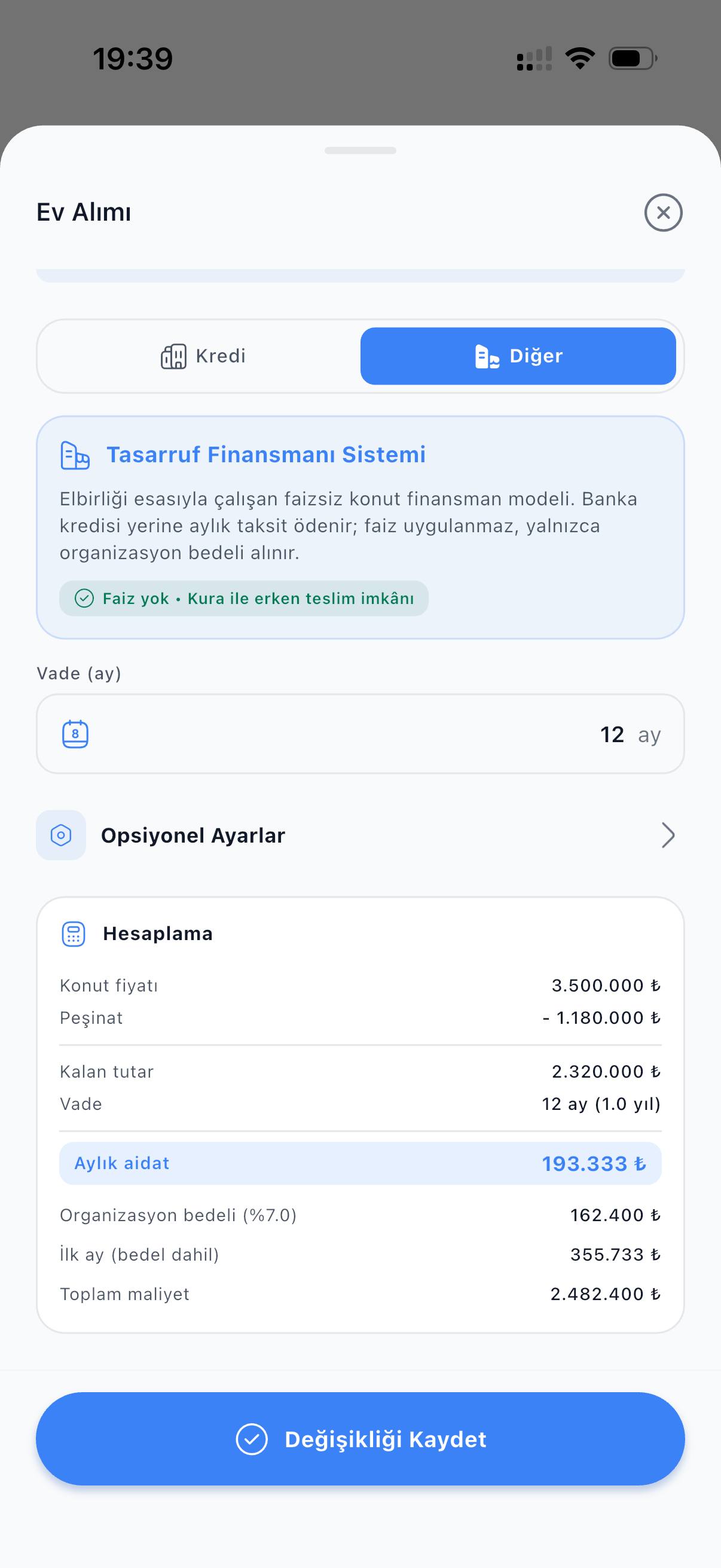 Ev alımı ekranı: tasarruf finansmanı seçeneği, 12 ay vade ve aylık aidat hesaplaması.