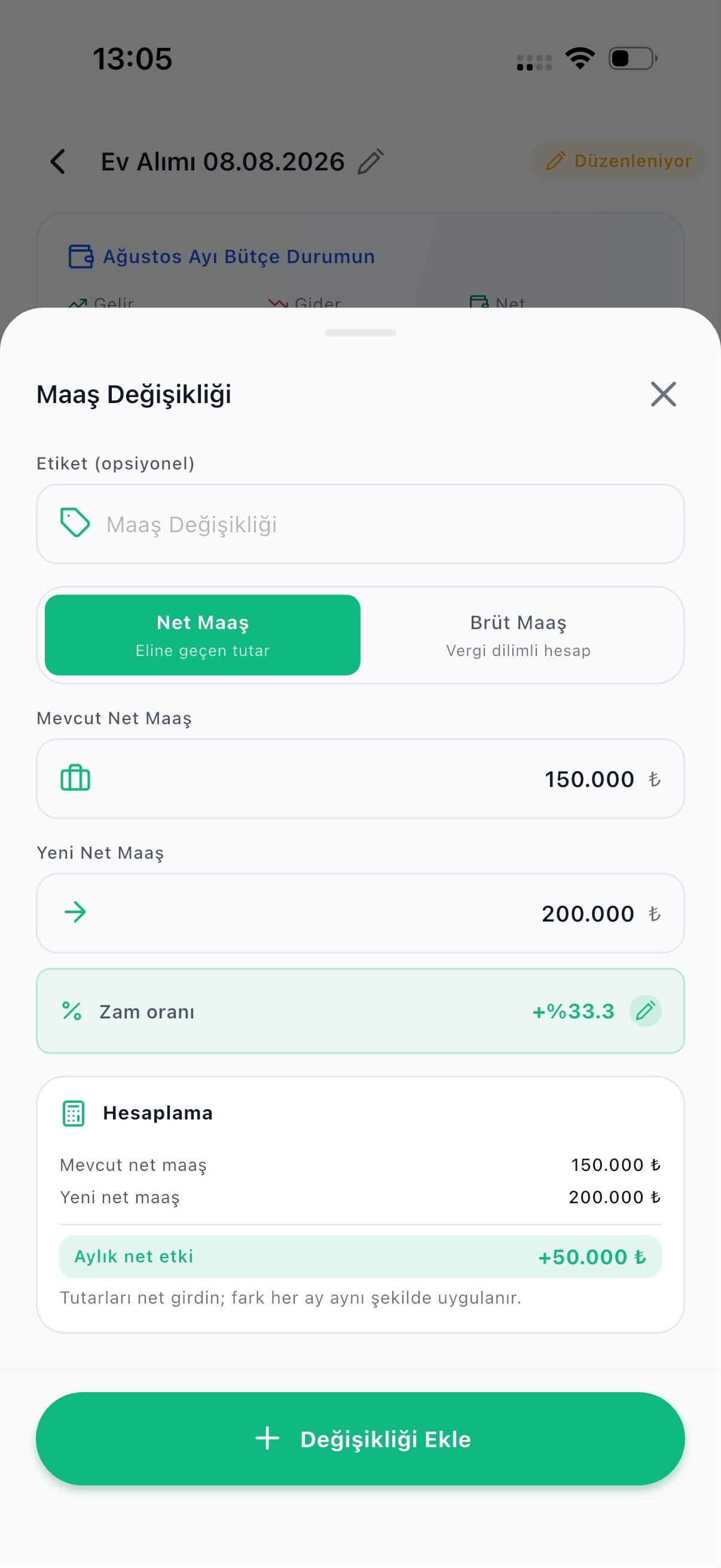 Maaş değişikliği ekranı: mevcut ve yeni net maaş girilerek aylık +50.000 ₺ net etki hesaplanıyor.