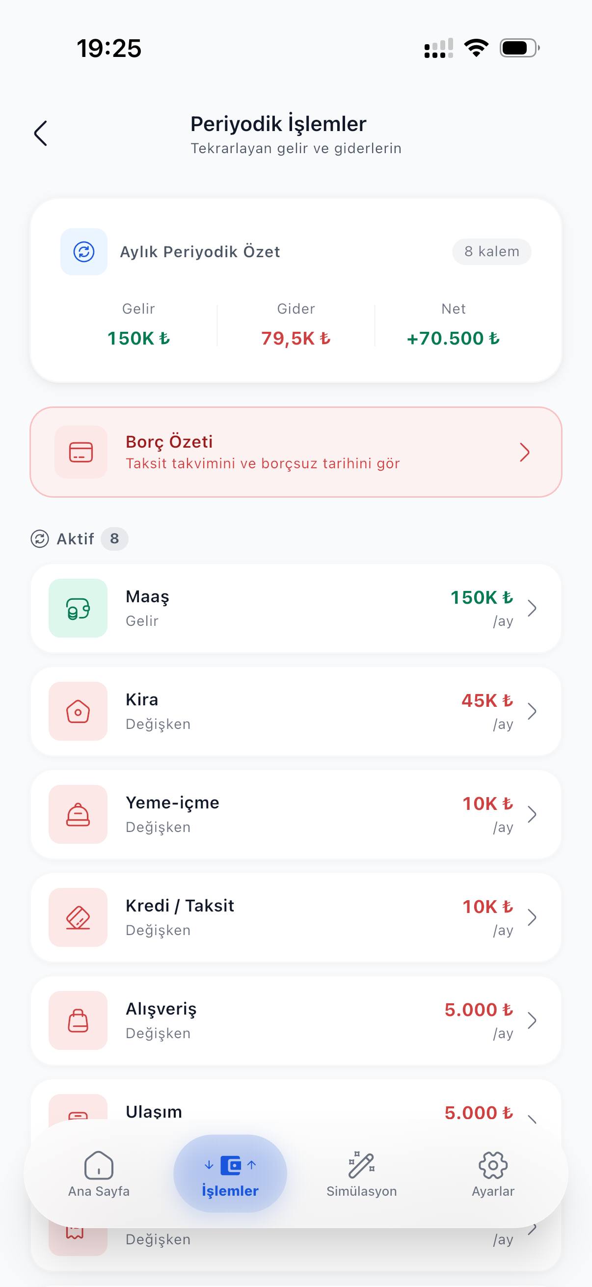 Periyodik işlemler: aylık gelir, gider ve net özeti, borç özeti kartı ve maaş, kira gibi tekrarlayan kalemler.