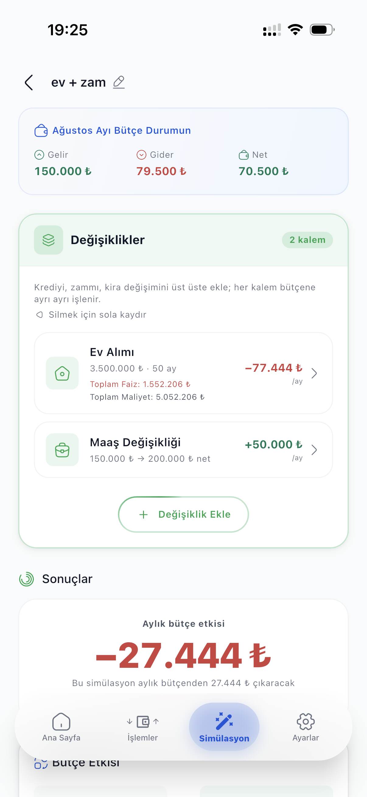 Simülasyon ekranı: ev alımı ve maaş değişikliği birlikte, aylık bütçe etkisi −27.444 ₺.
